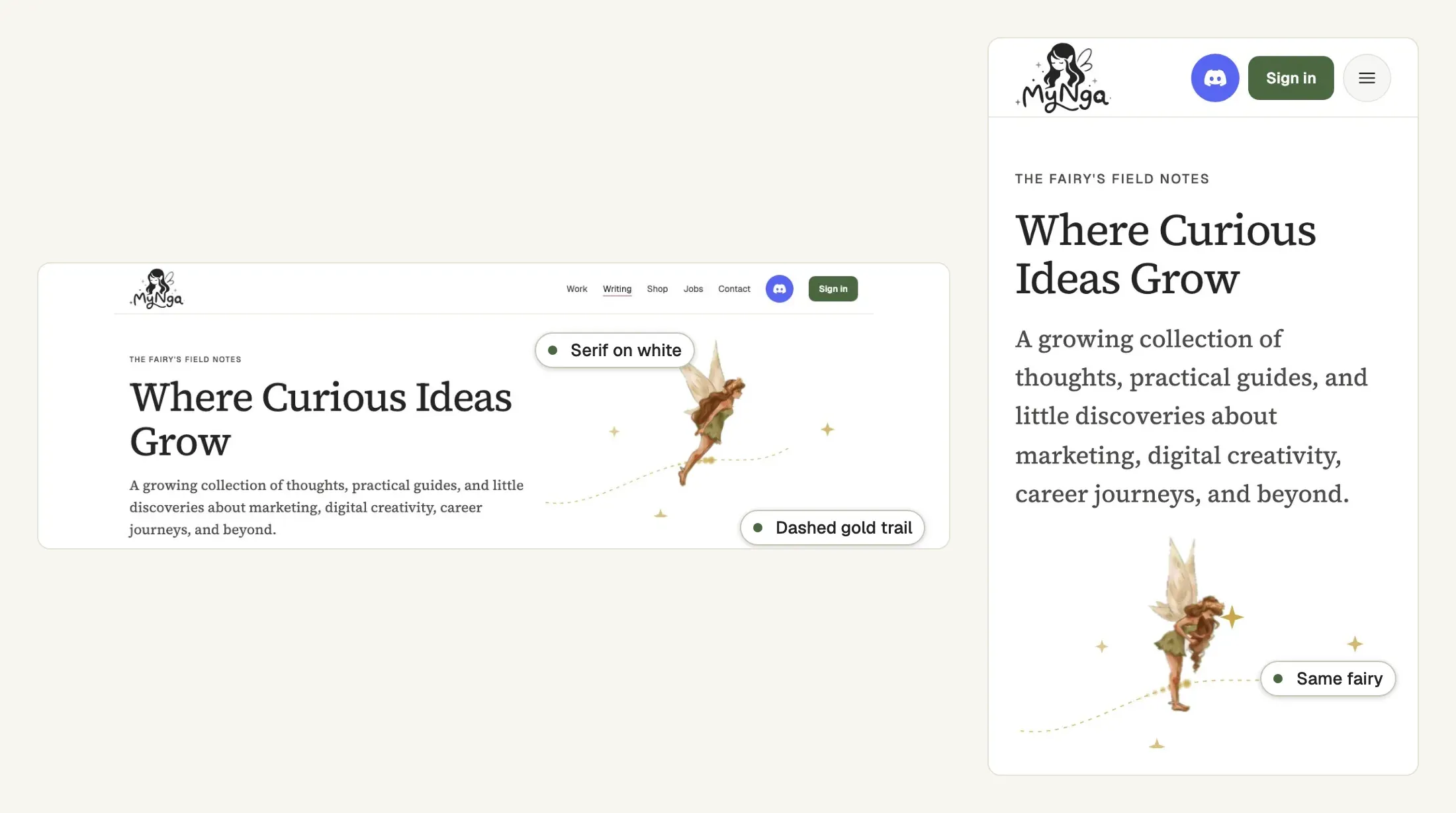 My blog masthead at desktop and phone width: a serif headline on a white page, with the fairy flying along a dashed gold trail and small gold sparkles.