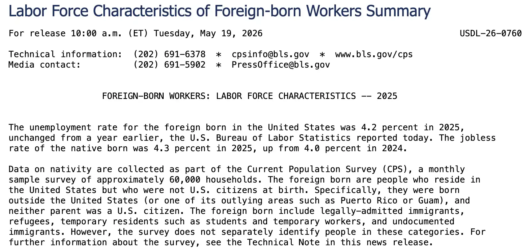 The opening of the Bureau of Labor Statistics release on foreign-born workers, showing the 2025 unemployment rates and the definition of the foreign born.