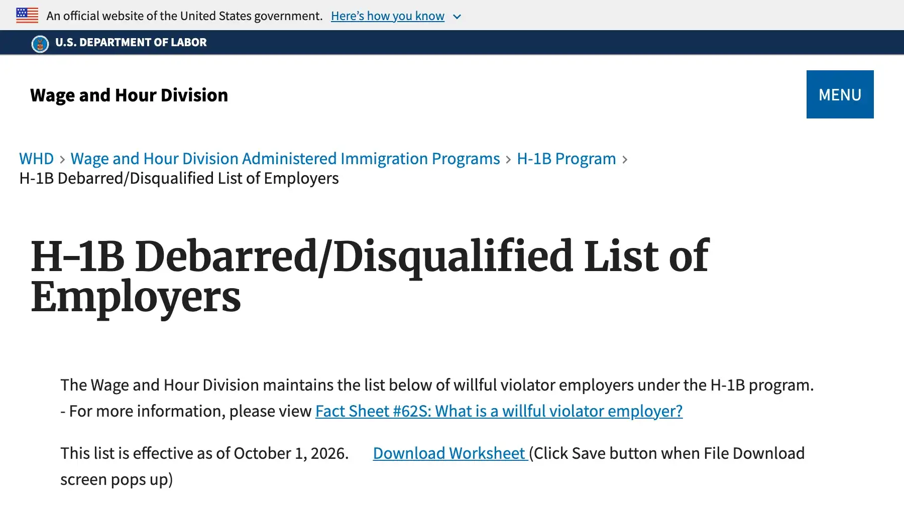 The Department of Labor Wage and Hour Division page for the H-1B debarred and disqualified list under the official .gov banner, giving the list as effective on 1 October 2026.