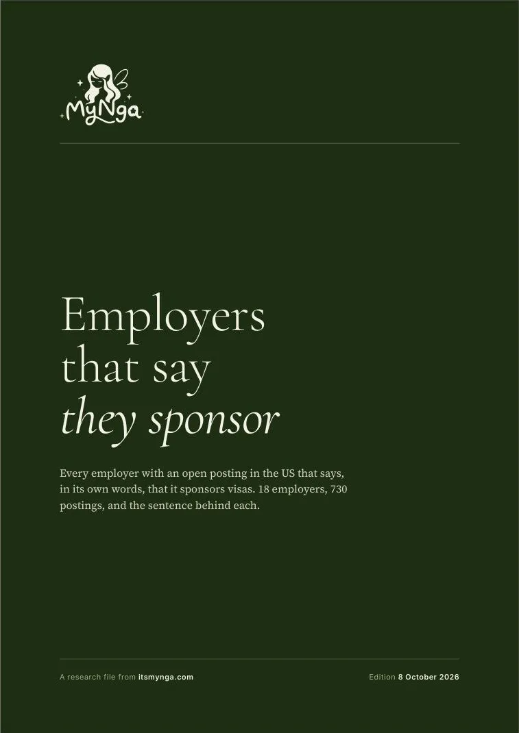 The cover of the research file: a dark green page reading Employers that say they sponsor, with Nga's mark above it.