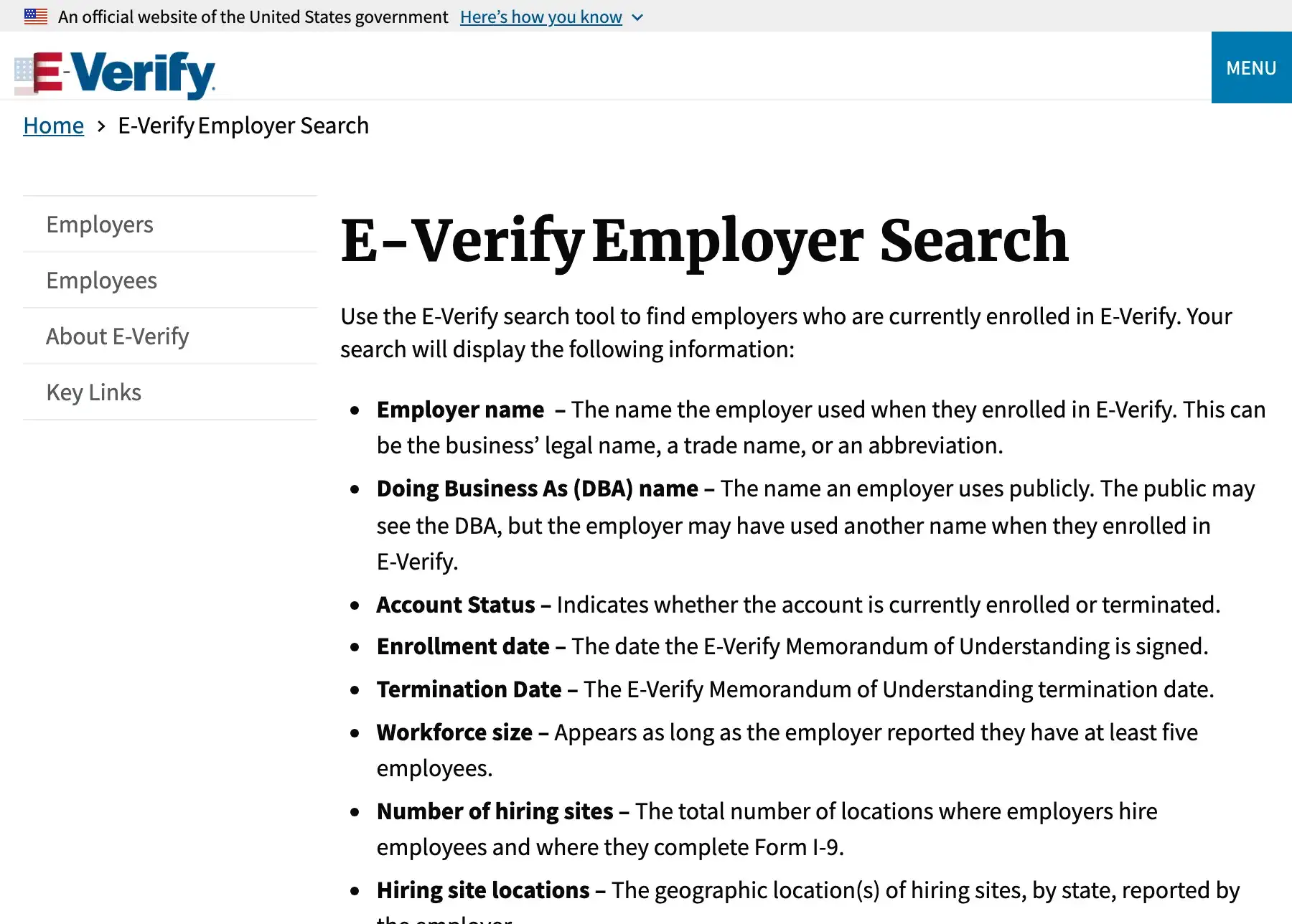 The E-Verify Employer Search page under the official U.S. government banner, saying the search tool finds employers currently enrolled in E-Verify and lists employer name, account status, enrollment date and hiring sites.