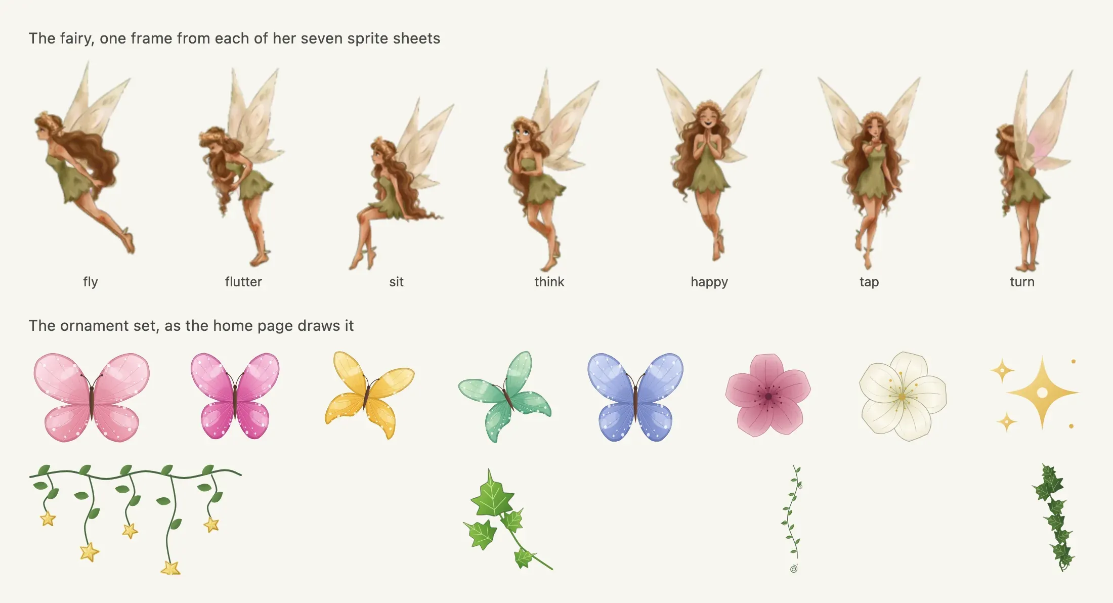 Top row: the fairy mascot of my portfolio website in seven poses, one frame from each sprite sheet. Bottom row: five butterflies, a rose, a cream flower and a gold sparkle, then four vine ornaments.