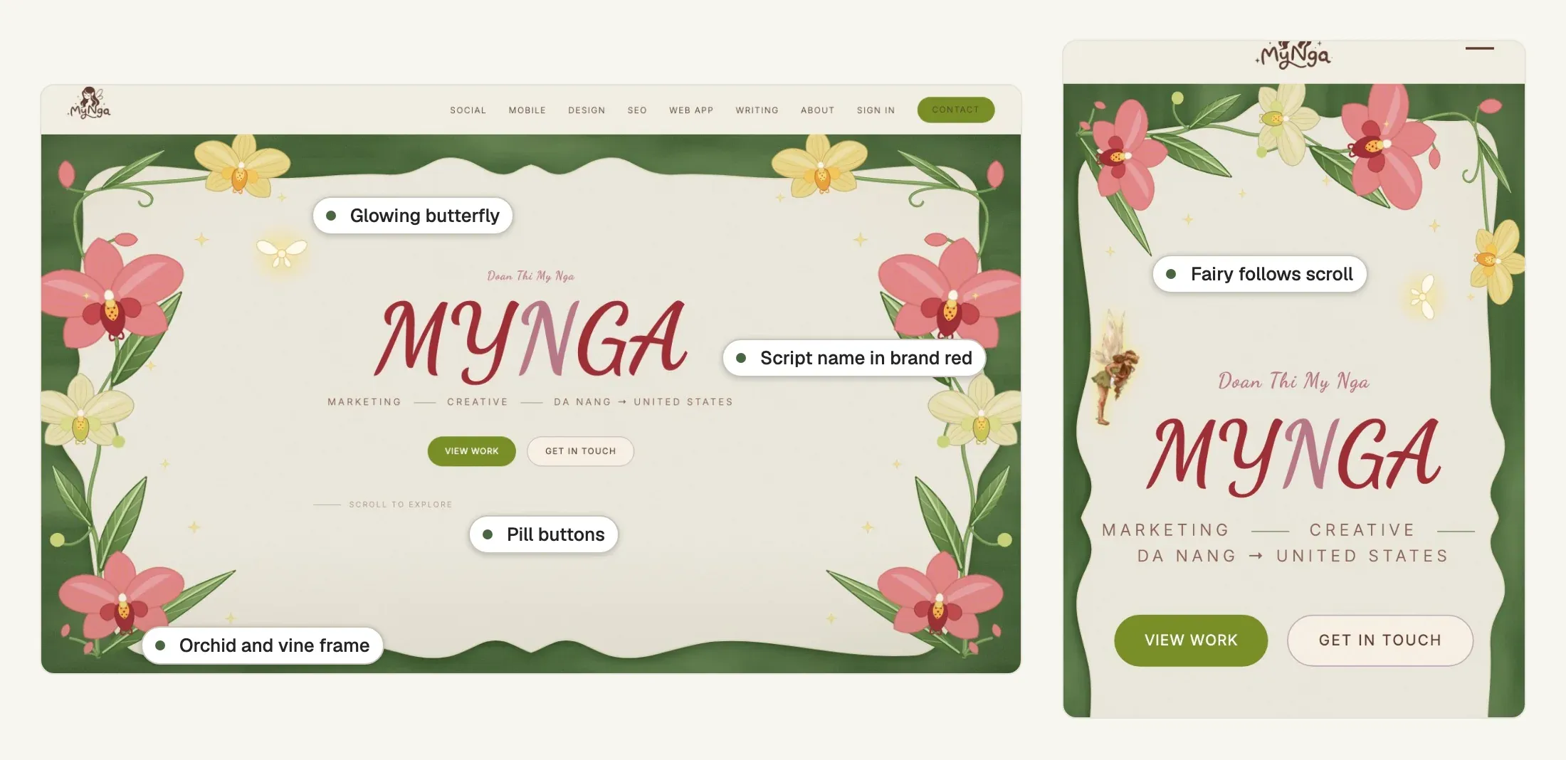 Home page of my creative portfolio website at desktop and phone width: a script name on cream paper inside a green orchid and vine frame, with a glowing butterfly, two pill buttons and, on the phone, the fairy at the left edge.
