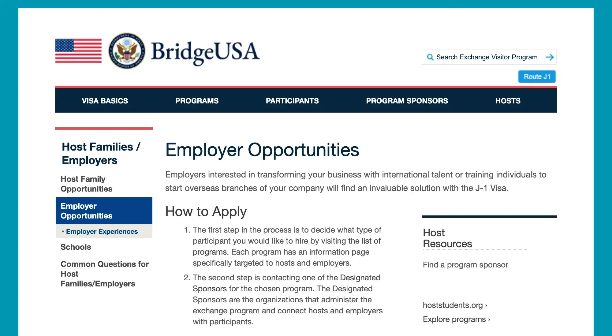 The State Department's J-1 visa site, Employers page, with its How to Apply steps: choose a program, then contact a designated sponsor for that program.