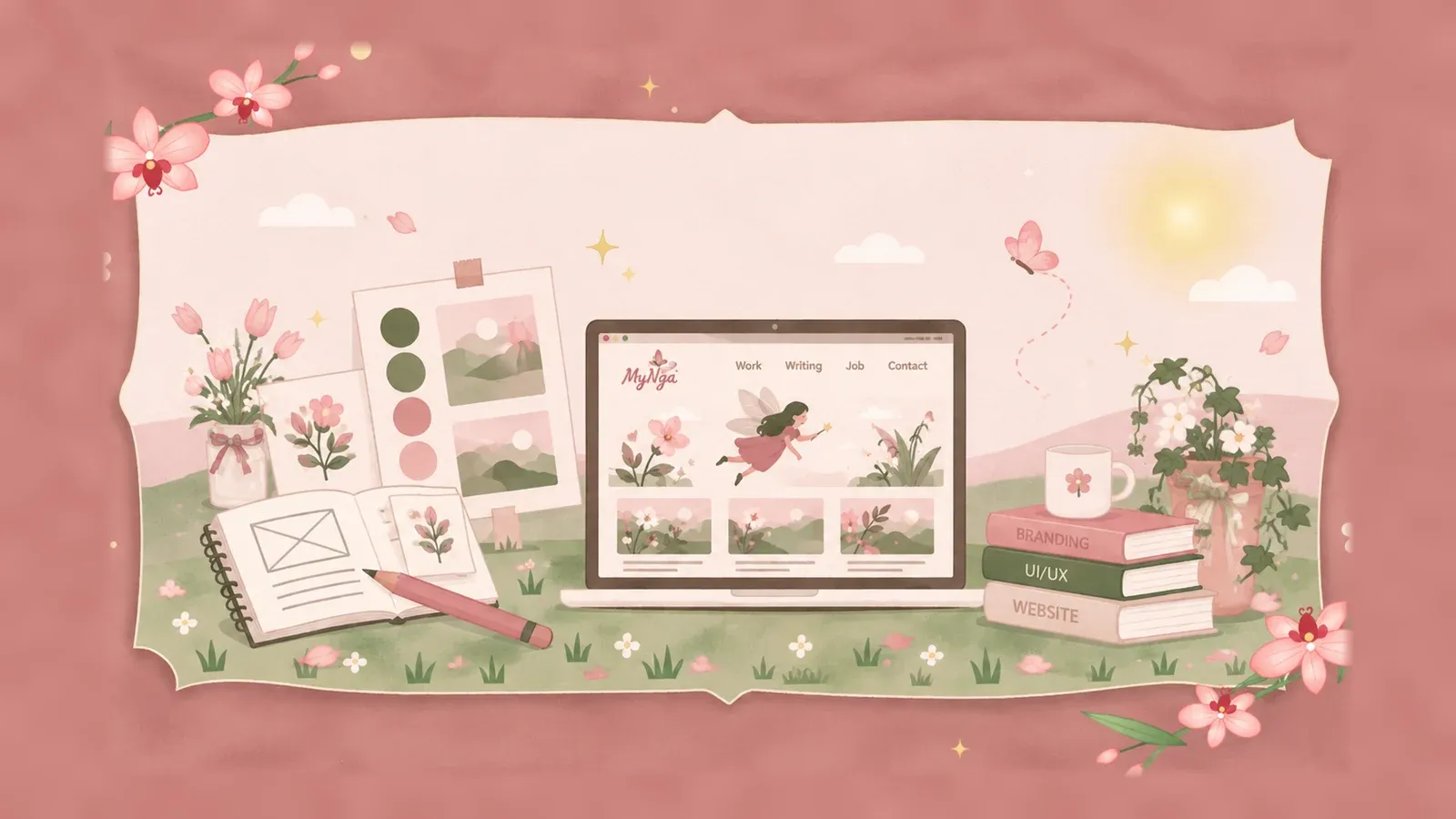 A watercolour scene in a pink orchid frame, a laptop showing my creative portfolio website with a flying fairy, beside a palette and sketch board, an open sketchbook with a pencil, a stack of books labelled Branding, UI/UX and Website, a mug and a potted vine.