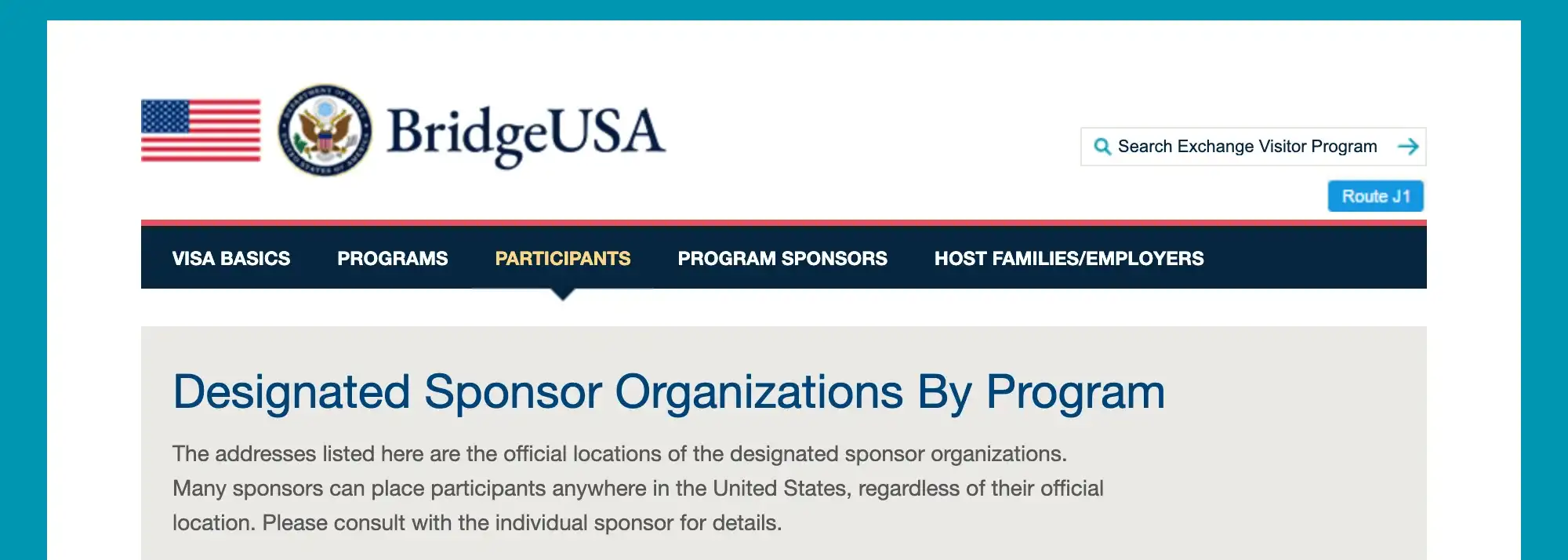 The State Department's J-1 visa site, page Designated Sponsor Organizations By Program, with the official site header and the intro saying that many sponsors can place participants anywhere in the United States.
