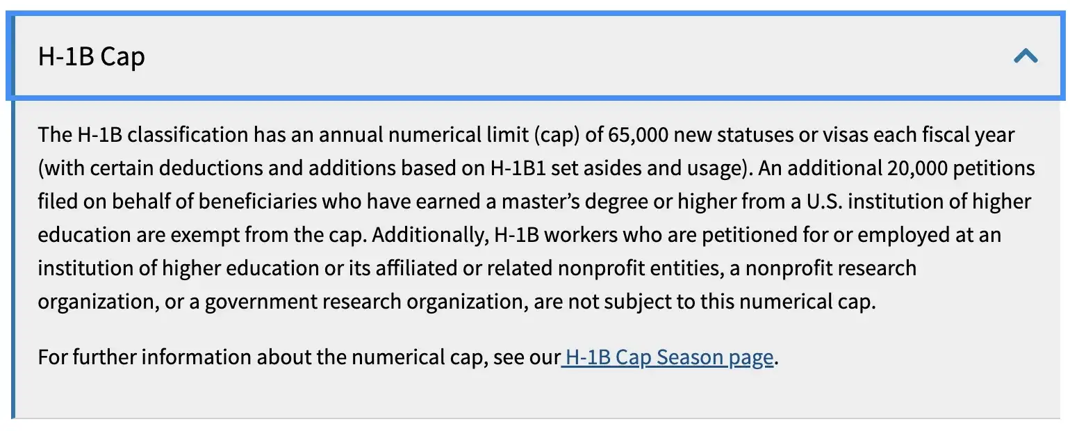 The H-1B Cap section of the USCIS page, stating the 65,000 annual limit, the 20,000 master's cap exemption and the employers that are not subject to the cap.