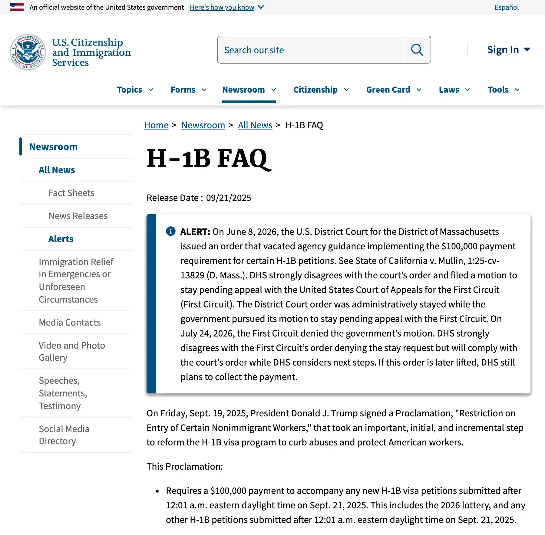 The USCIS H-1B FAQ page under the official U.S. government banner, with its alert on the court order about the $100,000 payment and the line that the proclamation requires the payment for new H-1B petitions submitted after 12:01 a.m. eastern daylight time on 21 September 2025.