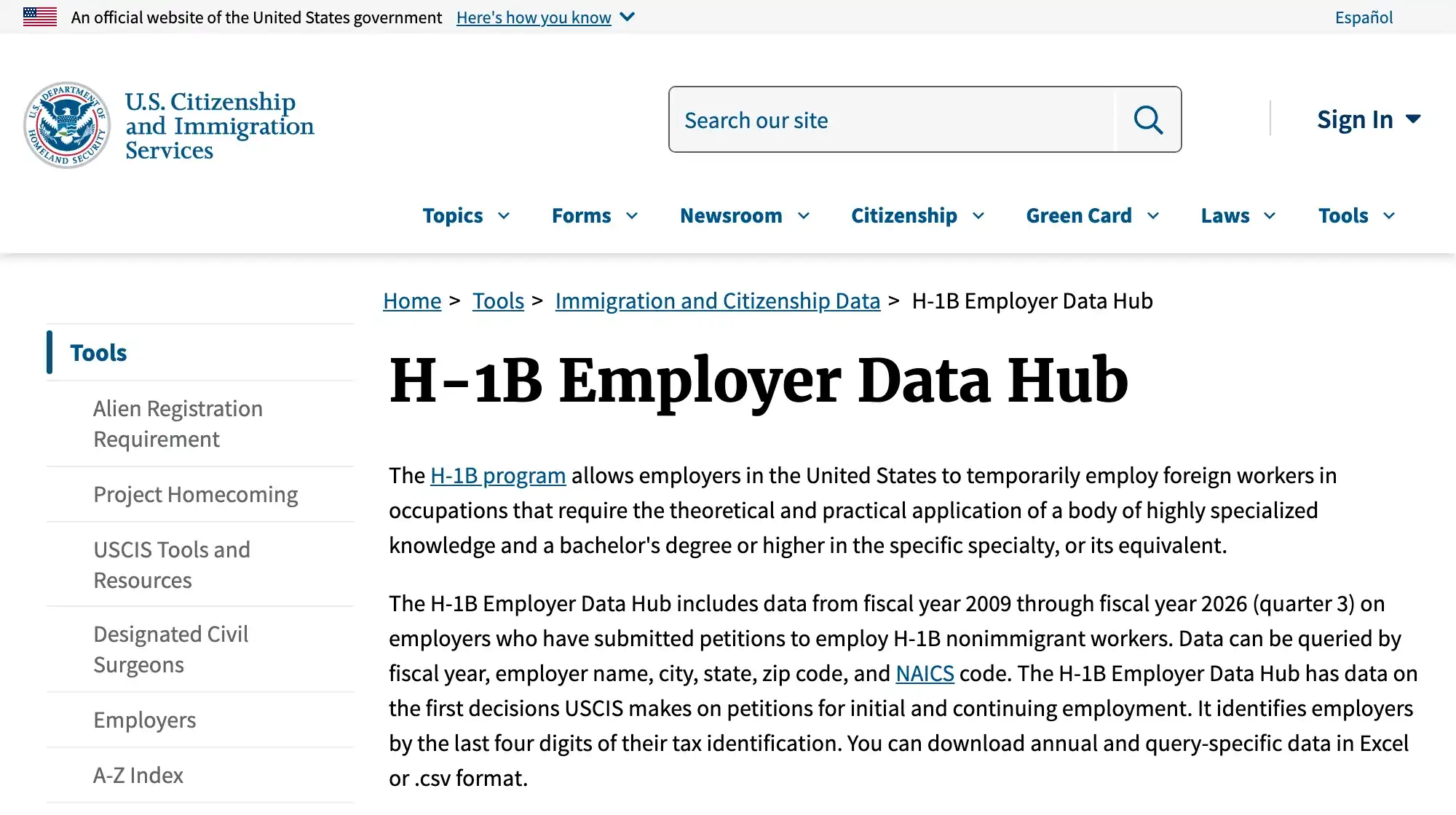 The USCIS H-1B Employer Data Hub page under the official U.S. government banner, describing data for fiscal year 2009 through fiscal year 2026 quarter 3 and employers identified by the last four digits of their tax ID.